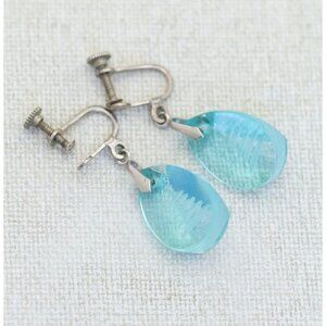 Vintage Art Deco Translucent Blue Faux Gem Screwback Earrings - H1